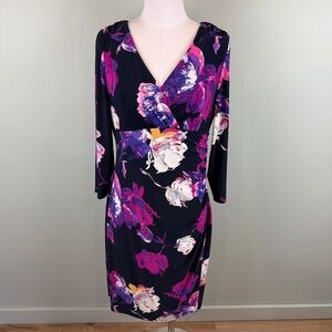 Ralph Lauren Purple FloralRuched Faux Wrap Floral Midi Dress stretch size 16
